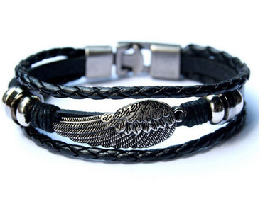 Mens Bracelet Retro Cuff Rope Black Steel Wing with Anchor Clasp