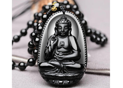 Black Obsidian Carved Buddha Necklace / Pendant