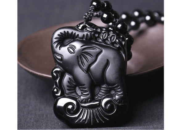 Black Obsidian Elephant Pendant Beads Necklace