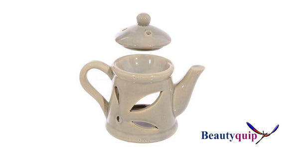 Ceramic Tea Pot Oil Burner with Lid - Sand