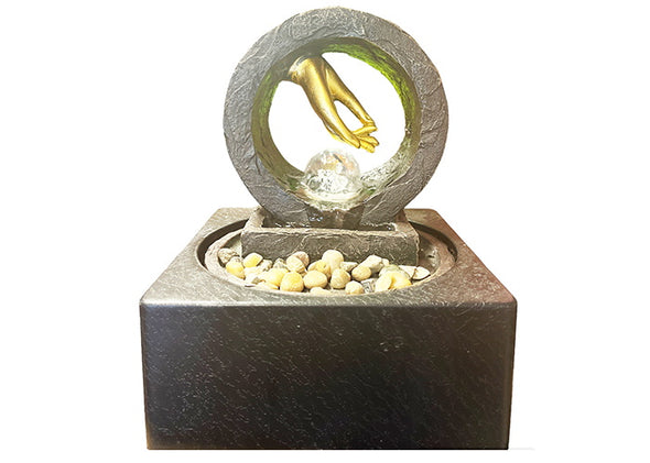 Water Feature Gold Meditating Hand with White Light and Ball